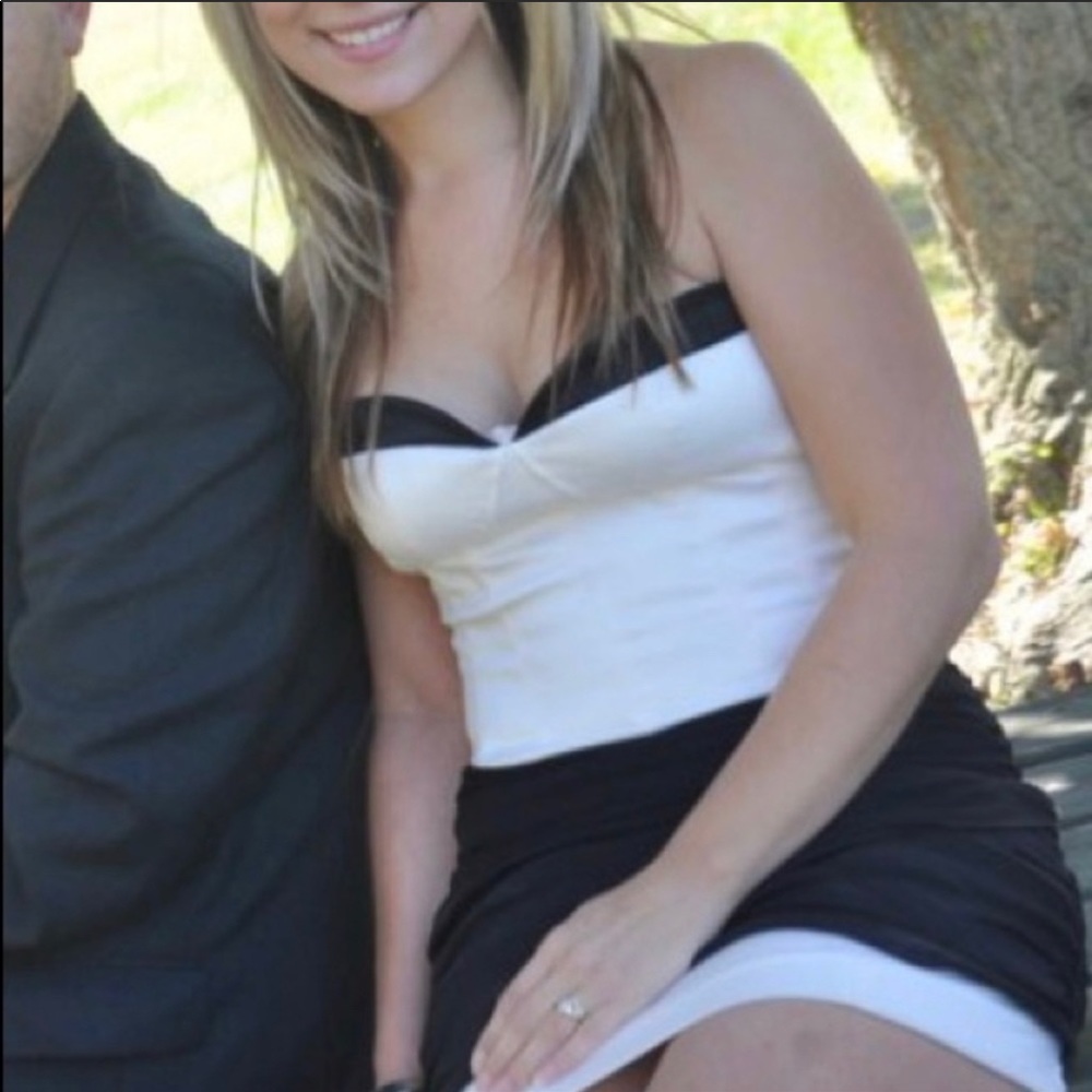 Black and white strapless Bebe dress